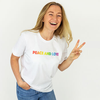 Rainbow 'Peace And Love' Organic T Shirt, 4 of 6