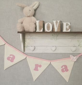 Pink Bunting, New Baby Nursery Gift, Cream And Pink Personalised Bedroom Wall Banner, 12 of 12