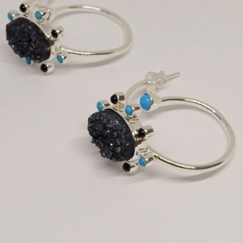 Black Onyx, Agate, Turquoise, Sterling Silver Hoop Earrings, 2 of 8