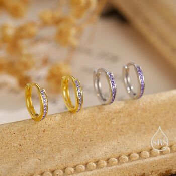 Sterling Silver Lilac Purple Amethyst Cz Huggie Hoop Earrings, 3 of 12