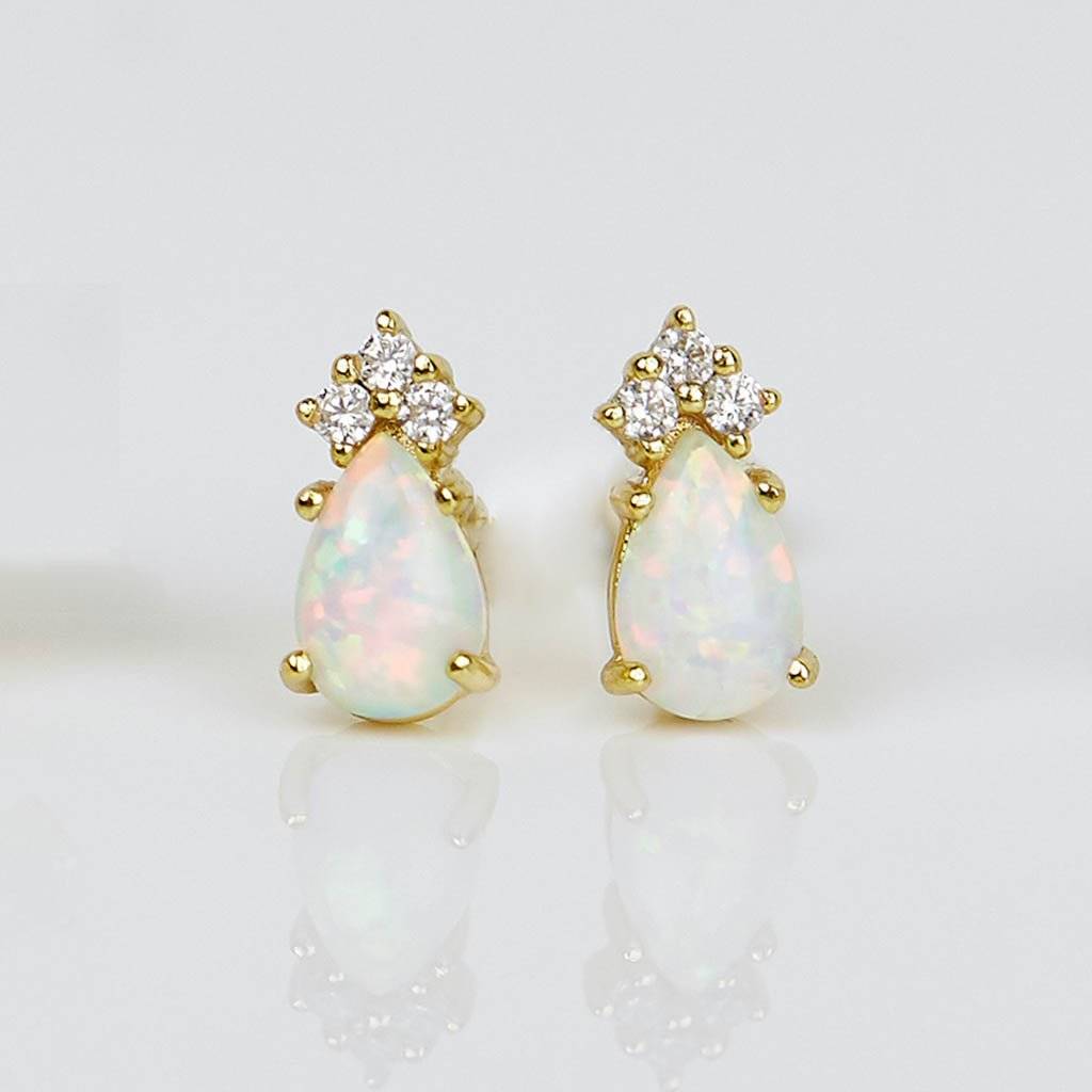 14k Gold Vermeil Opal And Diamond Stud Earrings By Carrie Elizabeth 14k Gold Vermeil Opal And Diamond Stud Earrings