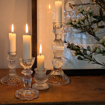 Short Clear Ribbed Glass Dinner Candlesticks Set Of Two, 2 of 12