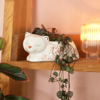 Pink And White Floral Sleeping Cat Planter, 2 of 2