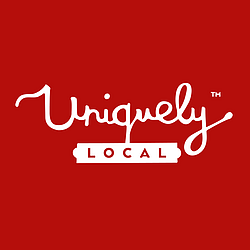 Uniquely Local white logo on red background