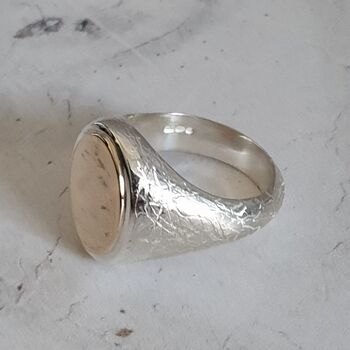 Silver And 9ct Gold Textured Signet Ring With 9ct Inlay, 5 of 12