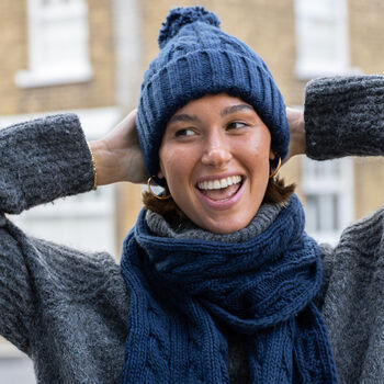 Navy Cable Knit Winter Bobble Hat, 4 of 4