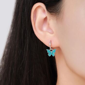 Sterling Silver Blue Butterfly Huggie Hoops, 6 of 10