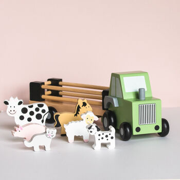 Personalised Wooden Farm Tractor Toy With Trailer And Animals, 7 of 12