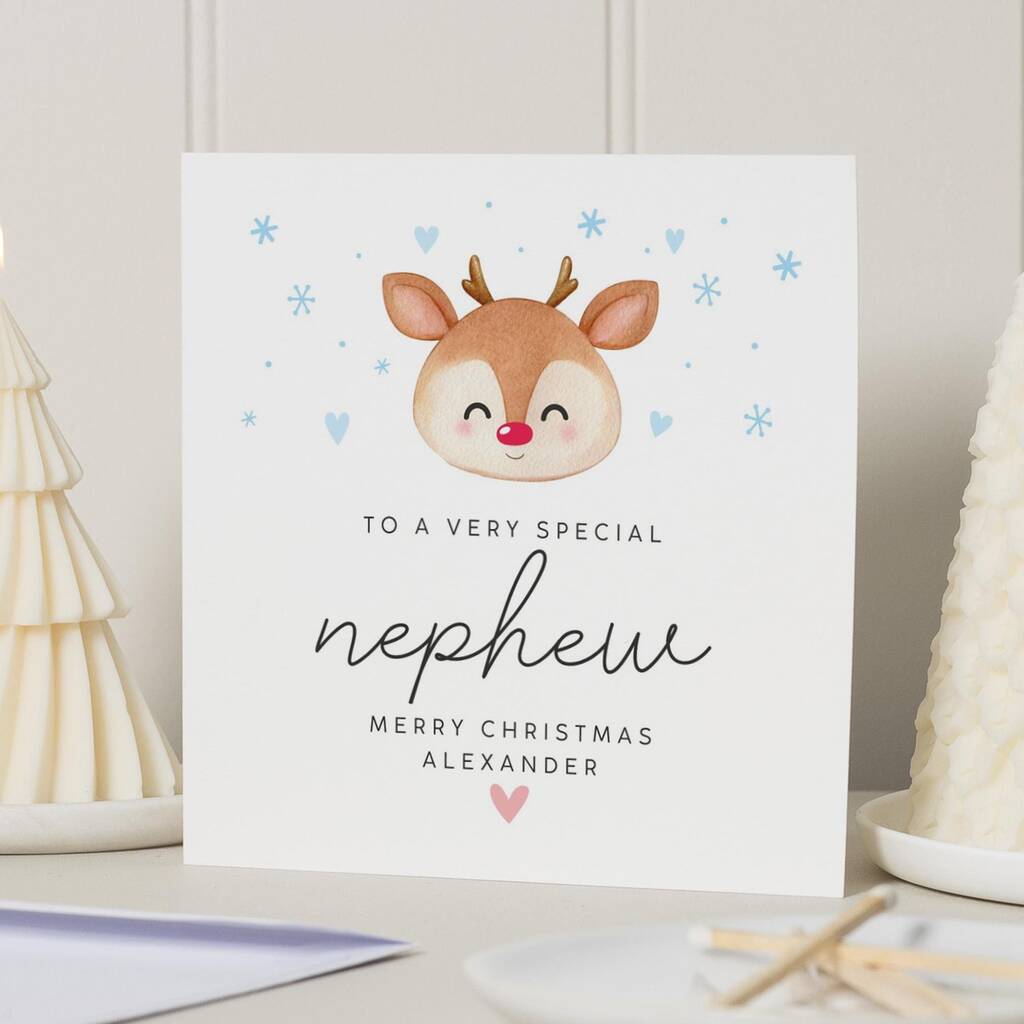 Personalised Cute Reindeer Christmas Card For Nephew, 1 of 7