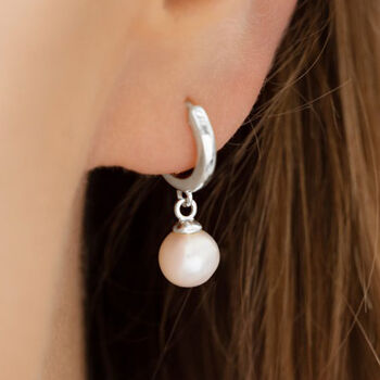 Sterling Silver Round Pearl Huggie Hoop Earrings, 2 of 5