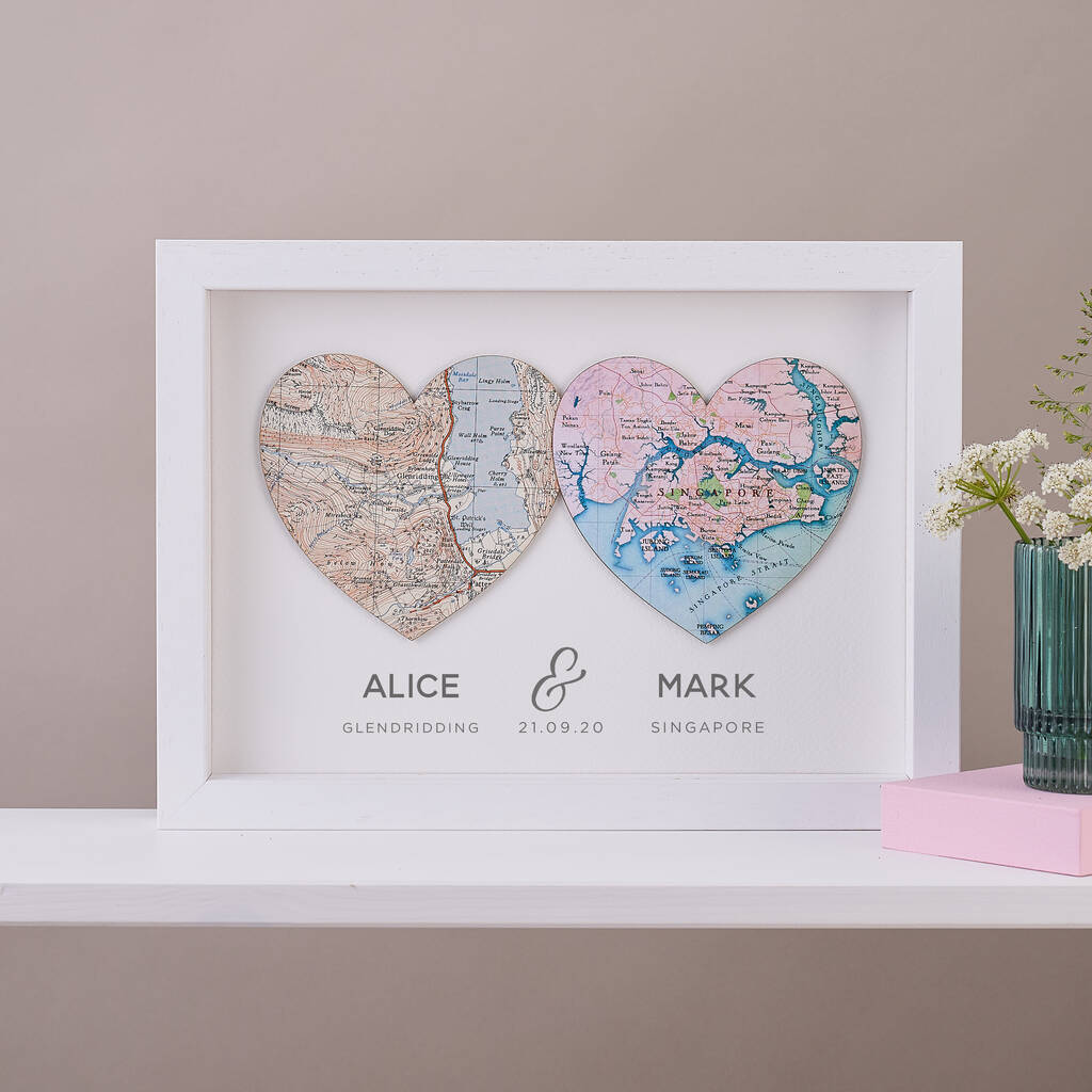 Two Custom Map Hearts Wedding Landscape Print, 1 of 3