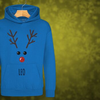 Rudolph The Reindeer Personalised Kids Hoodie Christmas Jumper, 4 of 11