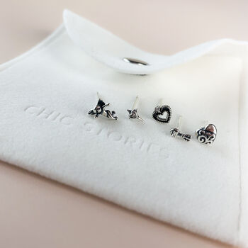 Sterling Silver Set Of Five Love Themed Stud Earrings, 3 of 6