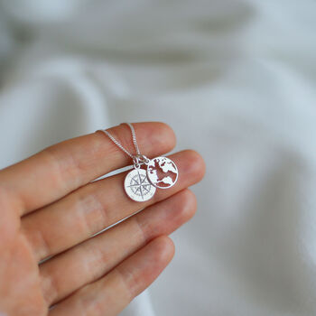 Travel Lover Gift, Personalised Map And Compass Charm Necklace, 3 of 10