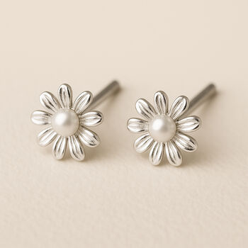 Sterling Silver Pearl Daisy Flower Tiny Stud Earrings, 8 of 8