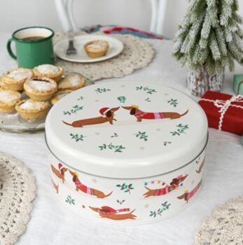 Personalised Festive Sausage Dog Cake Storage Tin, 3 of 5