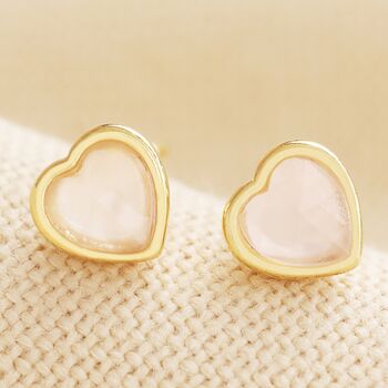Rose Quartz Heart Stud Earrings In Gold, 2 of 4