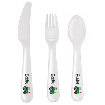 Personalised Tractor Three Piece Plastic Cutlery Set, 2 of 4