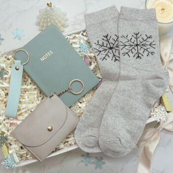 Christmas Gift For Her – Luxury Green Set With Notebook, Purse, Keyring And Festive Socks, 8 of 11