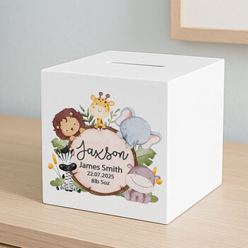 Personalised New Baby Animals Wooden Money Box, 2 of 3
