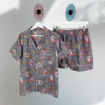 Floral 100% Cotton Ladies Pyjama Short Set In Grey And Pink, 2 of 5