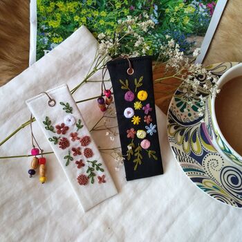 Hand Embroidered Flower On Linen Bookmark, 6 of 11