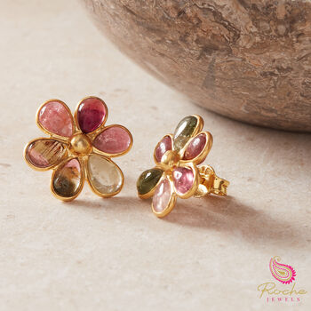 White Moonstone Flower Gold Plated Silver Stud Earrings, 8 of 11