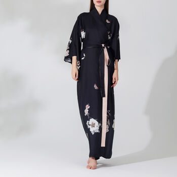 Silk Kimono Dressing Gown Royal Peacock | Black, 7 of 10