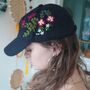 Black Cotton Cap With Hand Embroidered Flower, thumbnail 3 of 5