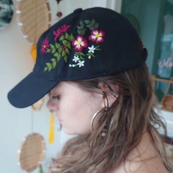 Black Cotton Cap With Hand Embroidered Flower, 3 of 5