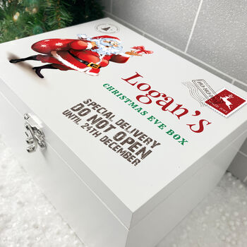 Personalised White Wooden Cartoon Santa Christmas Eve Box Three Sizes 22cm | 27cm | 30cm, 2 of 8