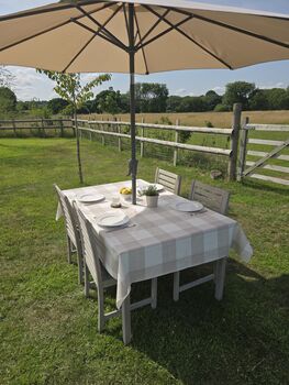 Neutral Gingham Outdoor Tablecloth With Parasol Hole, 4 of 5