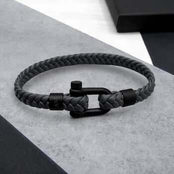 Personalised Men's Black Matt Shackle And Woven Leather Bracelet, 4 of 11