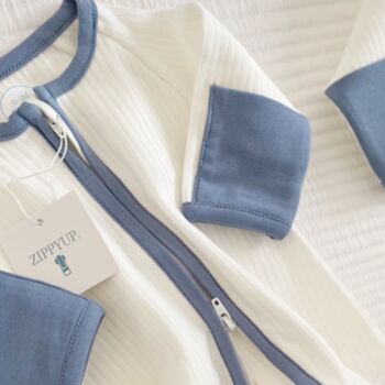 Blue Zip Up Organic Cotton Baby Sleepsuit, 3 of 3