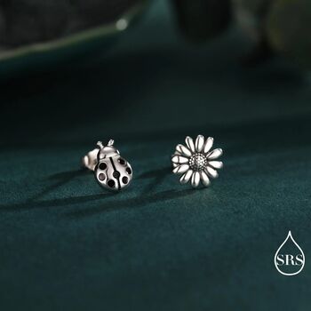 Mismatched Ladybird And Daisy Flower Stud Earrings In Sterling Silver, 2 of 12