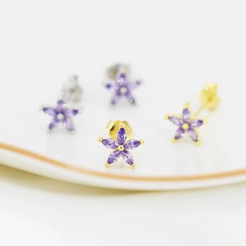 Amethyst Purple Cz Flower Stud Earrings Sterling Silver, 4 of 12