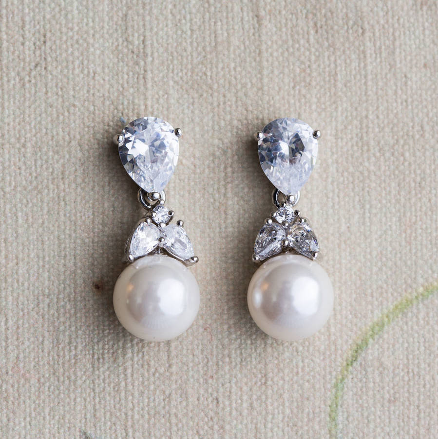 53b Bridal Classic GP Clear Crystal & Ivory Pearl Dew Drop Earrings 