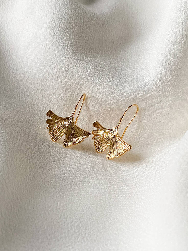 18k Gold Ginkgo Leaf Dangle Earrings, 1 of 2
