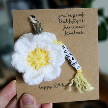 Personalised 40 50th 60 Birthday Crochet Flower Keyring, 3 of 5