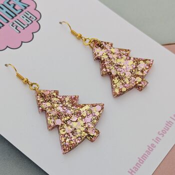 Caramel Swirl / Gold And Pink Glitter Christmas Tree Earrings, 2 of 10