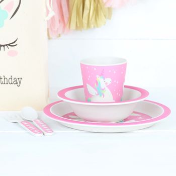 Unicorn Dinner Or Breakfast Set And Personalised Bag, 4 of 5