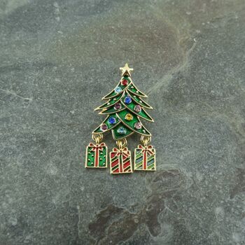 Christmas Tree Festive Brooch With Dangly Presents, 2 of 3