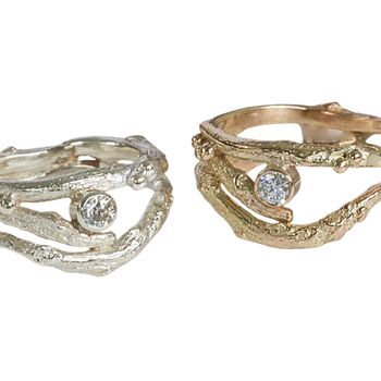 Diamond Organic Twig Solid Gold Engagement And Wedding Ring Set, 4 of 10