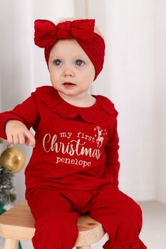 My First Christmas Frill Collar Personalised Embroidered Reindeer Pyjamas, 3 of 5