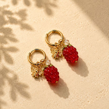 Raspberry And Bee Charm Hoop Earrings, 2 of 2