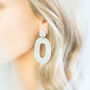 White Pearlescent Oval Hoop Dangle Wedding Earrings, thumbnail 2 of 5