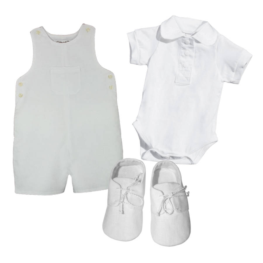baby boy white linen overall and peter pan bodysuit by chateau de sable