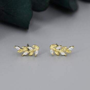 Sterling Silver Sparkly Leaf Cz Stud Earrings, 2 of 12