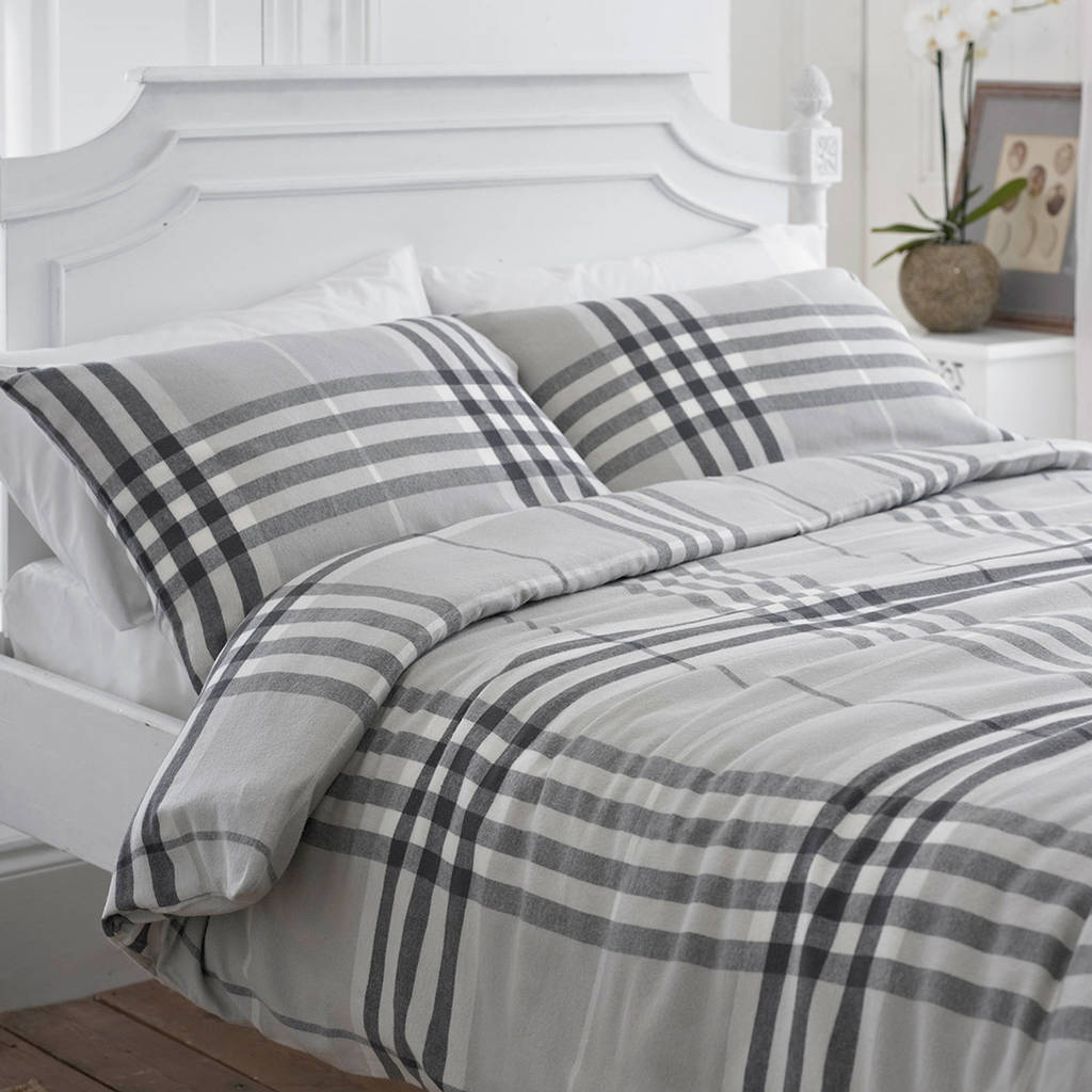 Charcoal And Grey Check Brushed Cotton Duvet Cover Set By Marquis