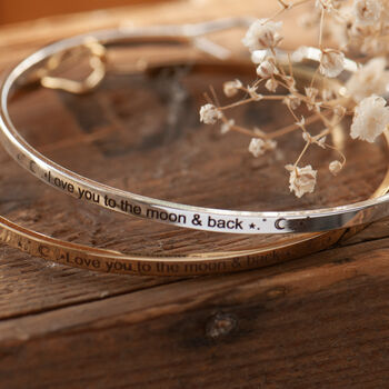 Love You To The Moon And Back Slim Brass Bangle Gift For Her, 4 of 12